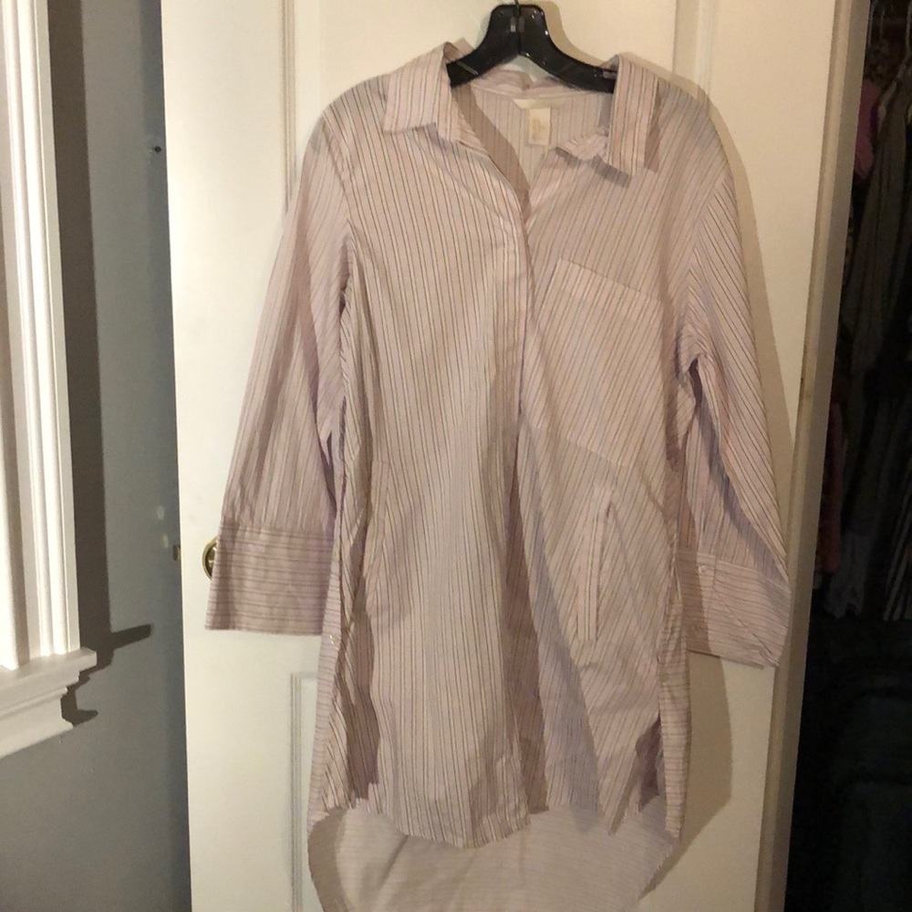 Pink and white striped shirt dress